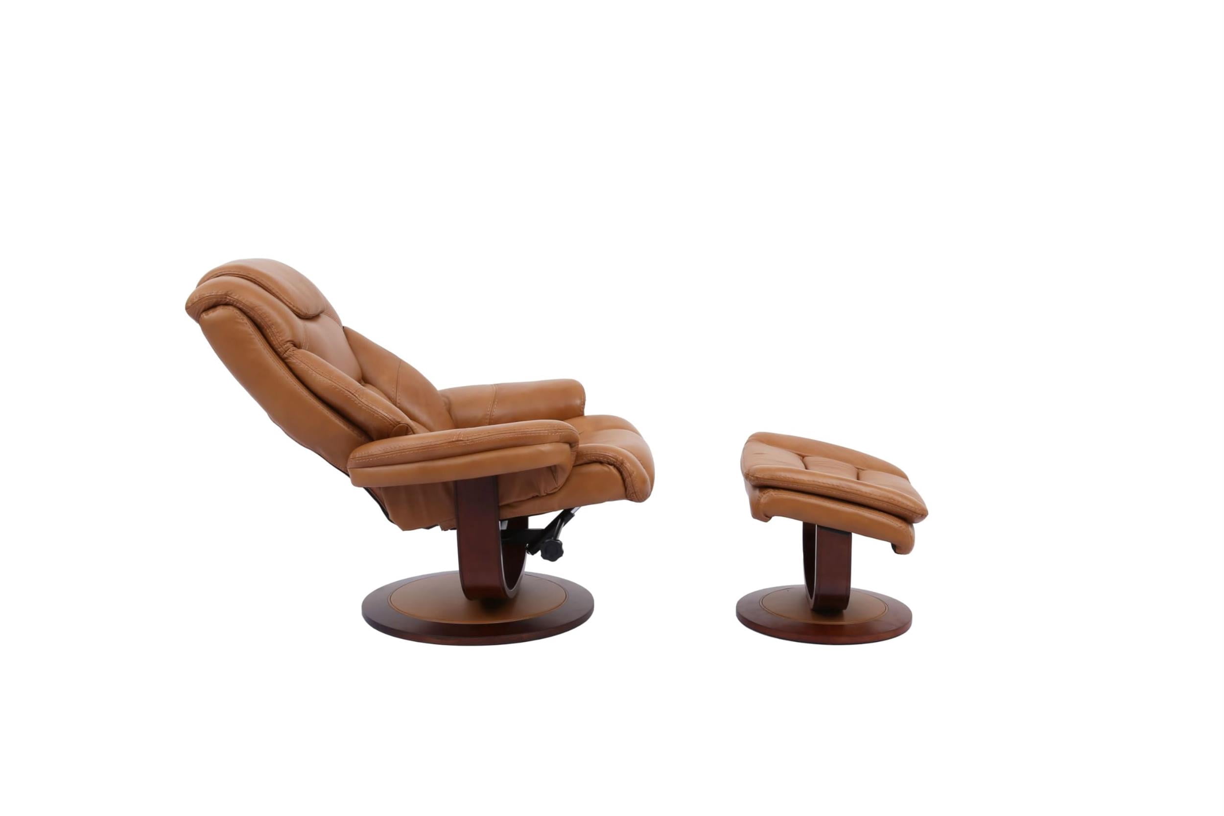 Pemberly Row Leather Manual Reclining Swivel Chair and Ottoman in Brown