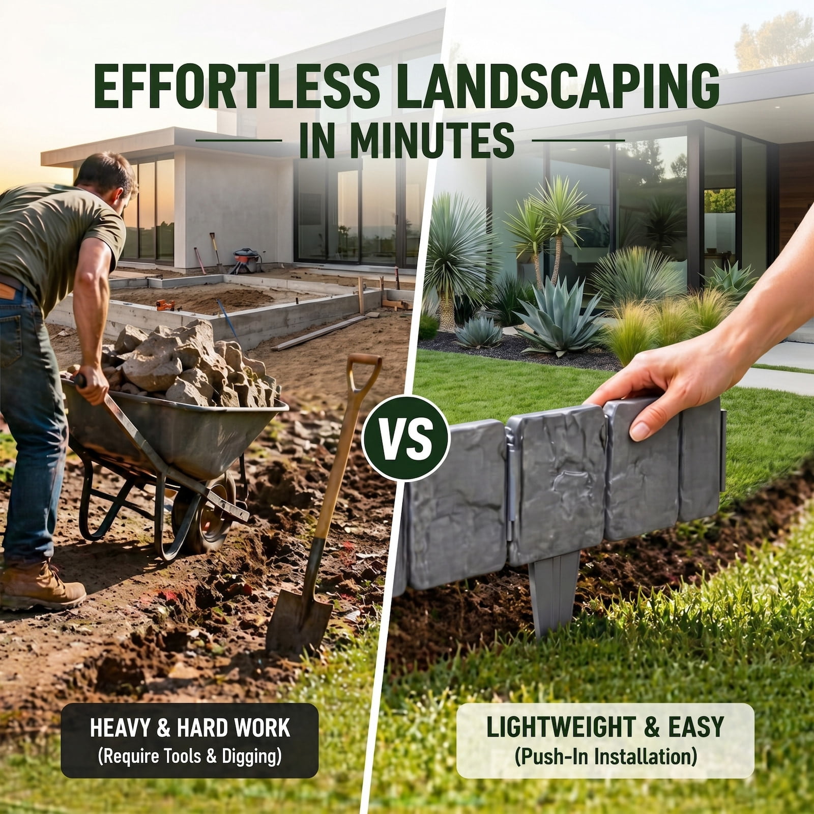 Faux Stone Landscape Edging, No-Dig Plastic Garden Border Fence, Interlocking Lawn Edging for Flower Beds & Pathways