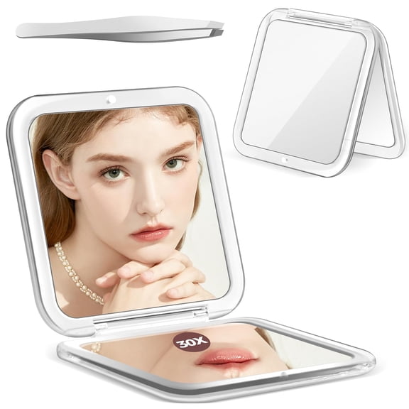 LQSEO Compact Mirror, 30X Magnifying Mirror, Pocket Mirror for Purse, Travel Makeup Mirror with 30X/1X Magnification, Travel Essentials Mirrors, Precision Tweezers, Present for Girls