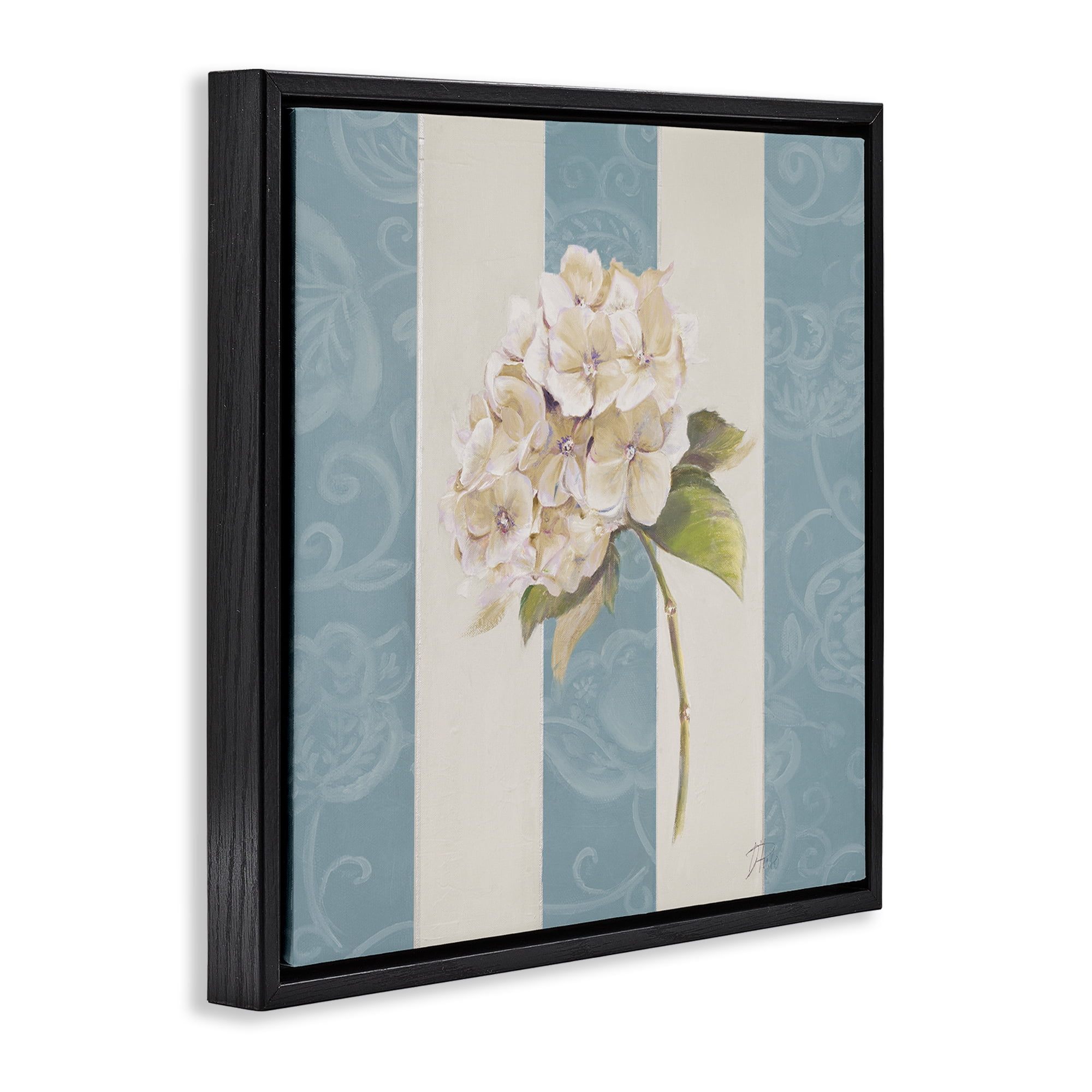 Stupell Industries Vintage Hydrangea Sprig Plants & Flowers Painting Black Floater Framed Canvas Art Print Wall Art, 25 x 25