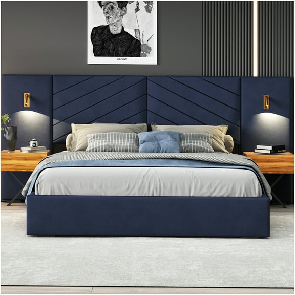 JERFIT King Size Upholstered Platform Bed Frame with LED Nightstands, Wingback Velvet Headboard, No Box Spring Needed, Retro Blue