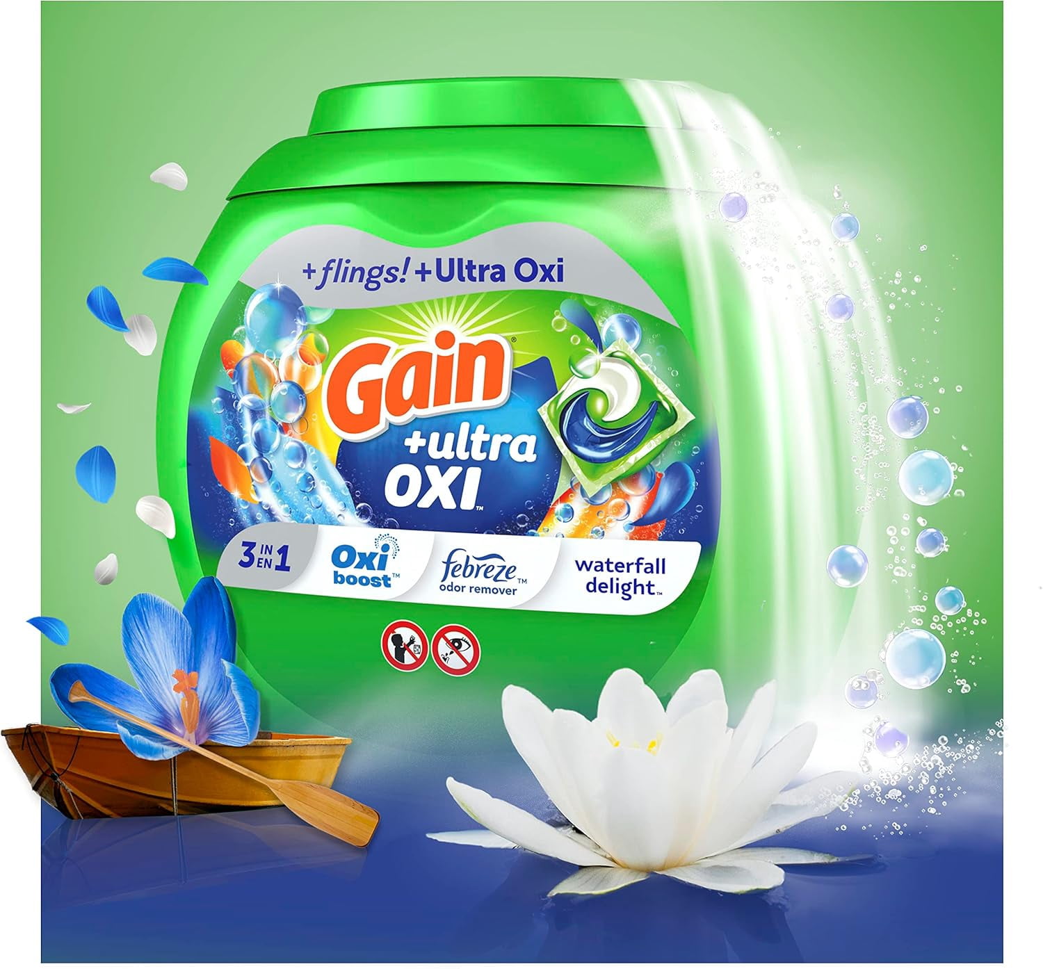 flings Ultra Oxi Laundry Detergent Pacs, 112 Count, Waterfall Delight Scent, 3-in-1, HE Compatible