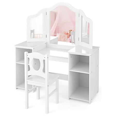 Kids Vanity Table Chair Set with Touch Light and Detachable Tri-Folding Mirror, Wood Dressing Table Girls Makeup Desk Playset with Open Storage Shelves