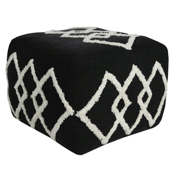 LR Home Small Over-tufted Diamond Indoor Square Pouf, Black/White, 18" x 18" x 14"