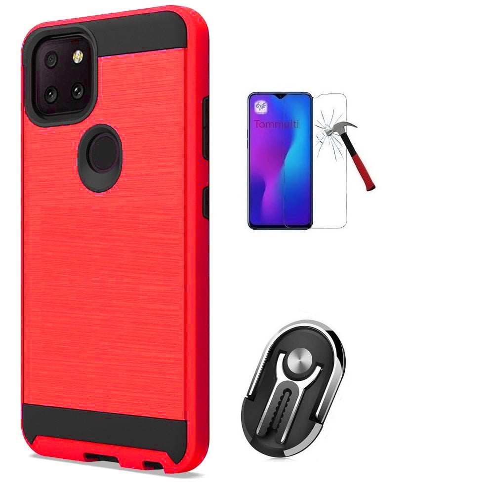 Phone Case for T-Mobile REVVL 5G, Slim Metallic Brushed Shock Resistant Protective Cover + Ring / Kickstand / Car Mount / Tempered Glass (Red)