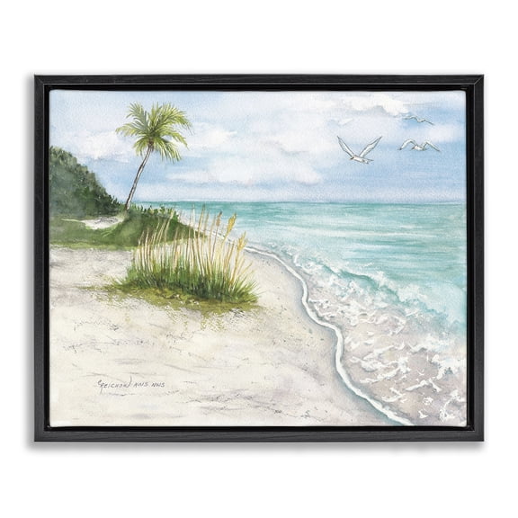 Stupell Industries Coastal Seagulls over Tropical Beach Black Floating Frame Canvas Art, 31 x 25, by Christine Reichow