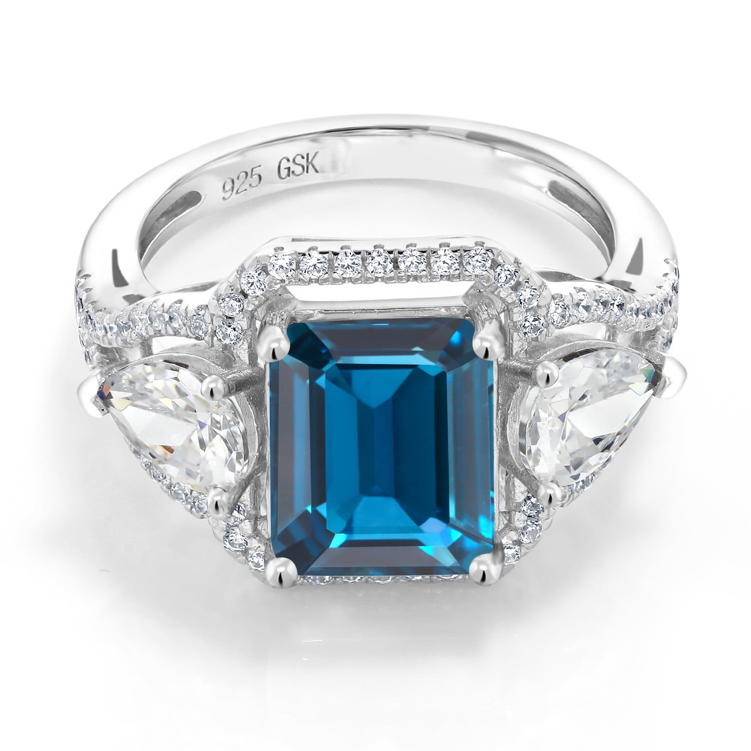 Gem Stone King 4.79 Cttw London Blue Topaz Ring for Women | 925 Sterling Silver | Emerald Cut 10X8MM | Gemstone November Birthstone | Wedding Engagement Anniversary Promise Ring for Women | Size 6