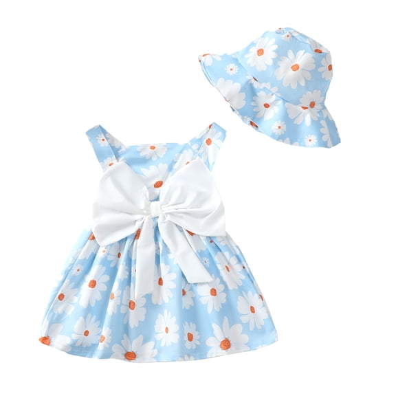 Kucnuzki Newborn Baby Girl Clothes 0 Months Spring Summer Dress 3 Months Sleeveless Cute Daisy Prints Bowknot Sundress Hat 2PCS Set Blue 3-6 Months