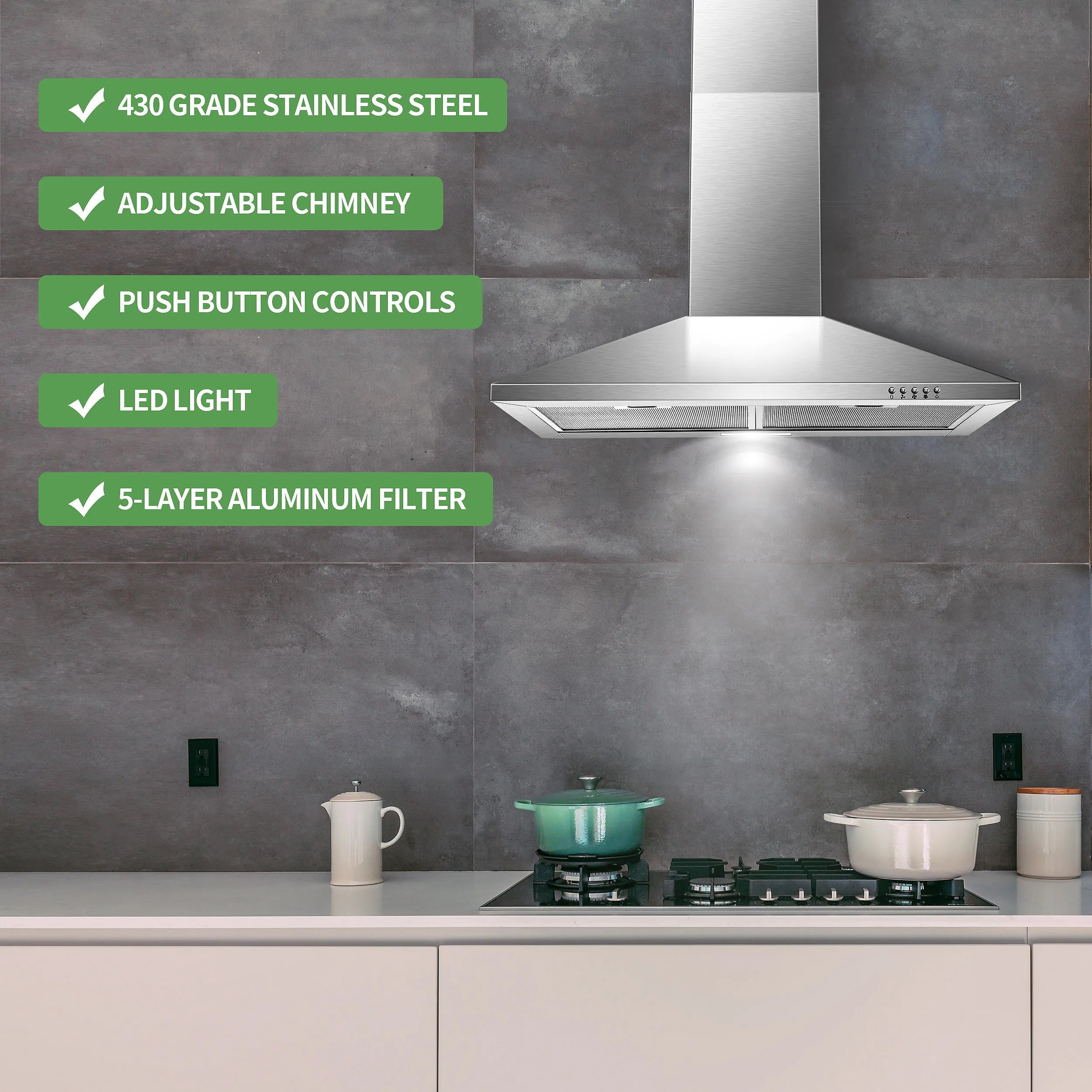 Range Hood 30inch,Wall Mount Range Hood in Stainless Steel Stove Vent Hood,Aluminum Filters,3Speed Exhaust Fan,Button Control