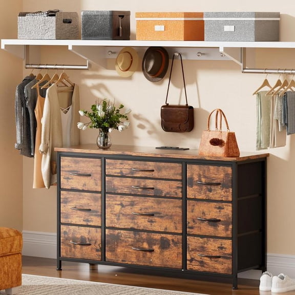 10 Drawer Rustic Brown Dresser TV Stand with Power Outlet, Sturdy Metal Frame Storage Cabinet for 55 Inch TV