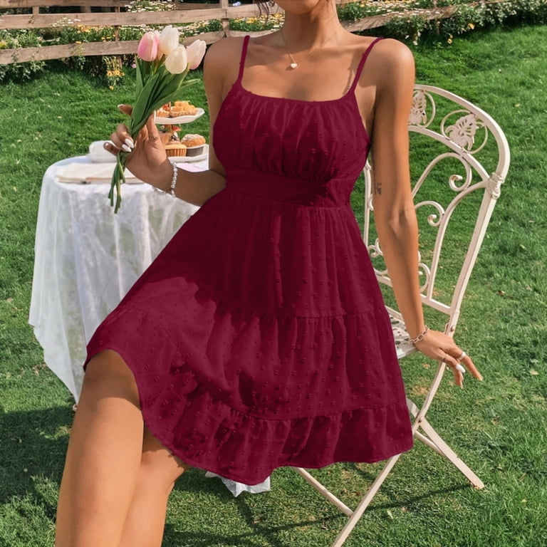 ruched bust summer dress Women's Summer Swiss Dot Spaghetti Strap Dress, Sexy Ruched Bust Smocked  Back Mini Dress, Cute Tiered Ruffle Layered Sundress