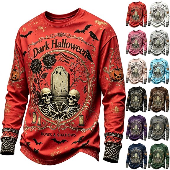 Broave Men Vintage Dark Halloween Graphic Crewneck Long Sleeve Shirt, Skeleton Tombstone Pumpkin Bat Print Casual Pullover Top, Gothic Bones Halloween Outfit for Men