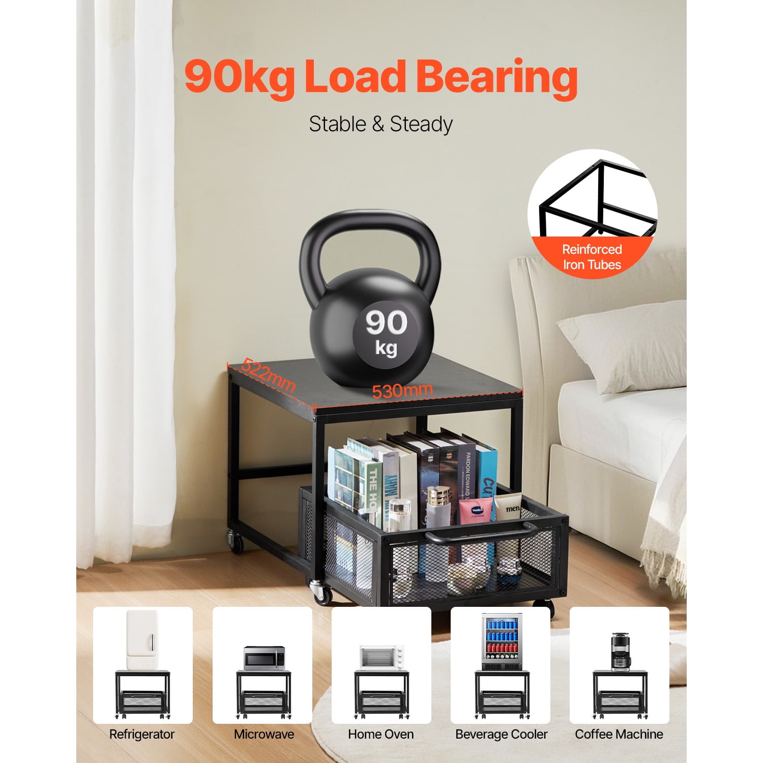 KFFKFF Compact Refrigerator Stand with Storage, Supporting 198 lbs, Portable Fridge Table with Mobile Storage Cart & Rotating Wheels, Drink Cooler Stand for Coffee Station, Small Fridge Holder