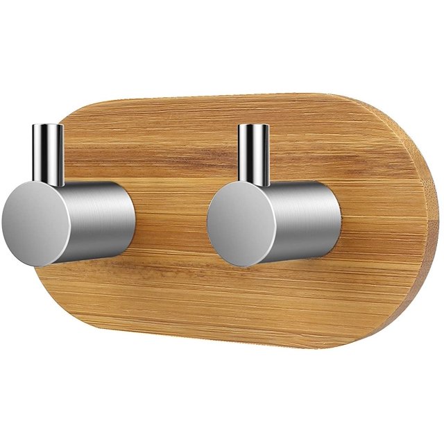 Gancho adhesivo, gancho para toallero montado en la pared del baño, gancho para dormitorio de cocina, madera de bambú y acero inoxidable ER