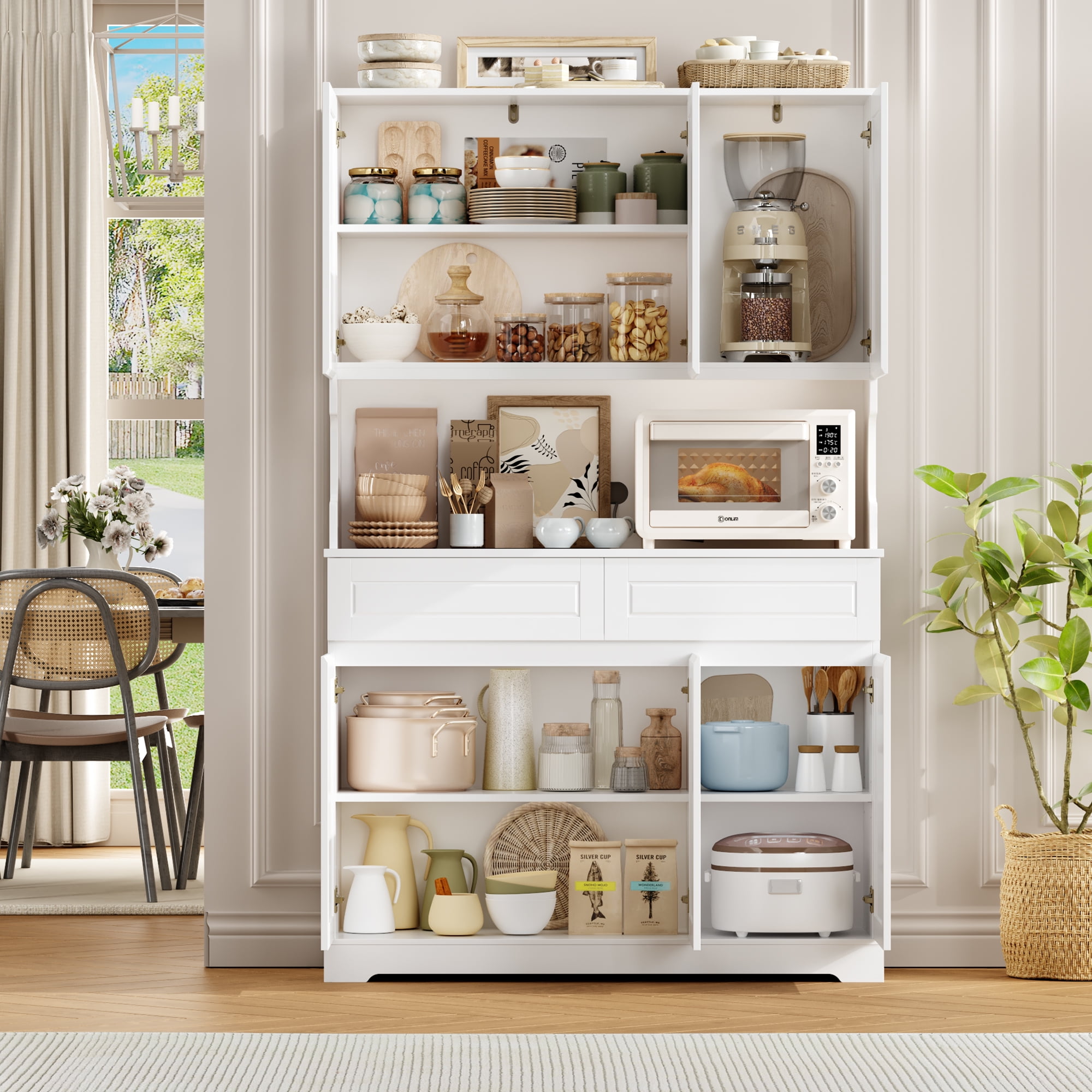 Homfa 73.8”H Pantry Cabinet with 6 Doors and 2 Drawers, Microwave Stand Storage Cabinet with Grooved Handles and Adjustable Shelf for Kitchen Dining Room, White