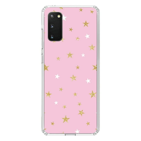 DistinctInk Clear Shockproof Hybrid Case for Galaxy S20 ULTRA / 5G (6.9" Screen) - TPU Bumper, Acrylic Back, Tempered Glass Screen Protector - Pink & Gold Print - Stars Pattern