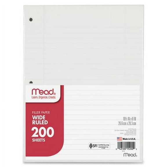Mead-2PK Filler Paper, 3-Hole, 8 X 10.5, Wide/Legal Rule, 200/Pack