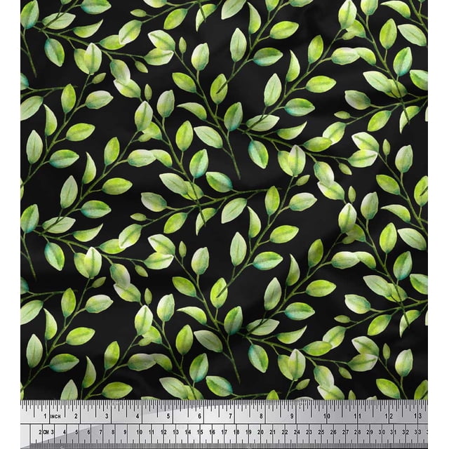Soimoi Black Modal Satin Fabric Leaf Print Sewing Fabric BTY 42 Inch Wide