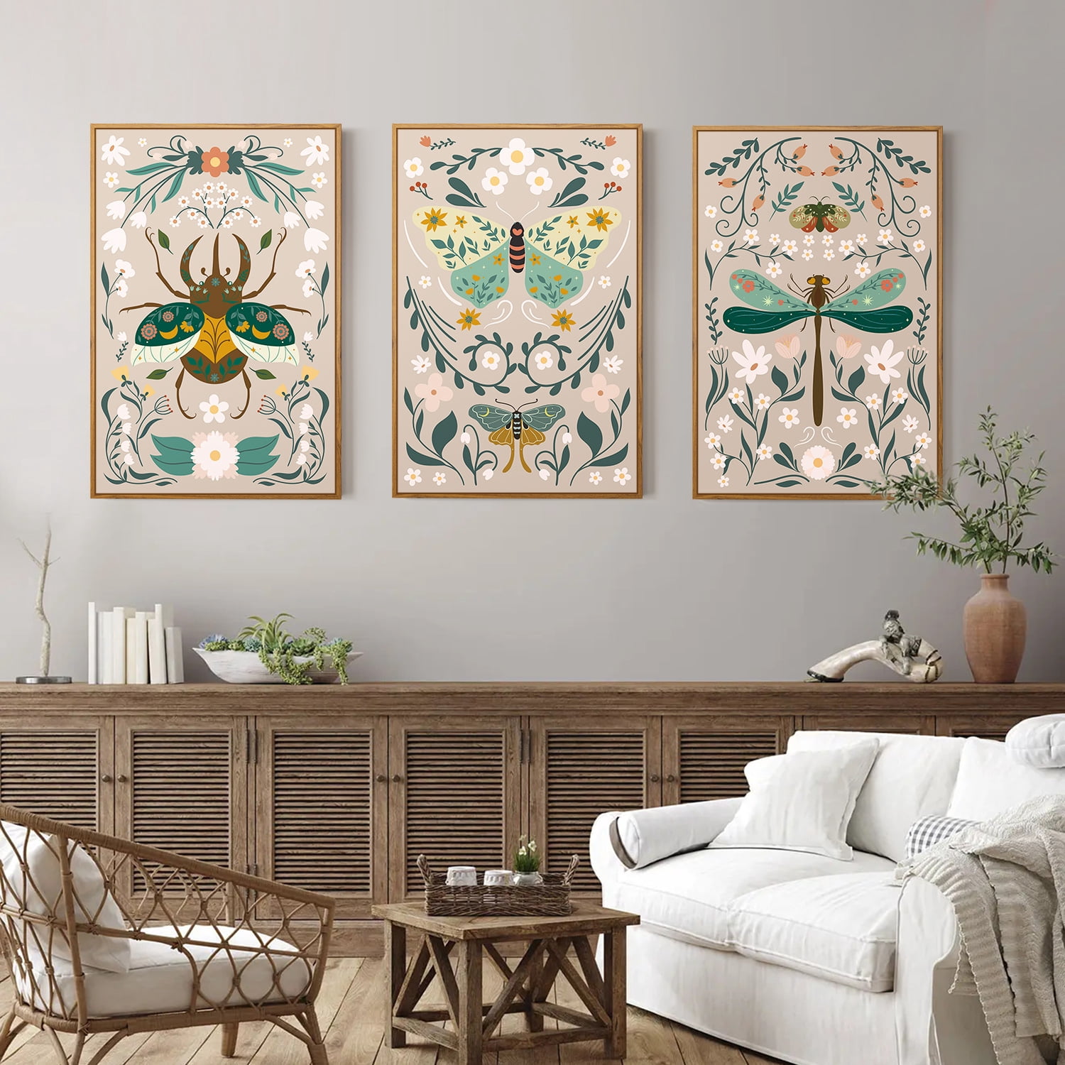 Monarch Butterfly Animals Framed Canvas Wall Art Set, Floral Botanical Bee Wall Decor, Mid Century Modern Wall Painting, Boho Nature Art Print for Living Room Kids Bedroom Office 16"x24"x3