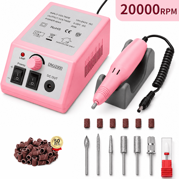 Morovan Professional Nail Drill Electric Nail File Kit, Pink, 20000RPM Low Noise Nail Filer with 6 Drill Bits & 56 Sanding Bands for Acrylic, Gel Nail Manicure and Pedicure