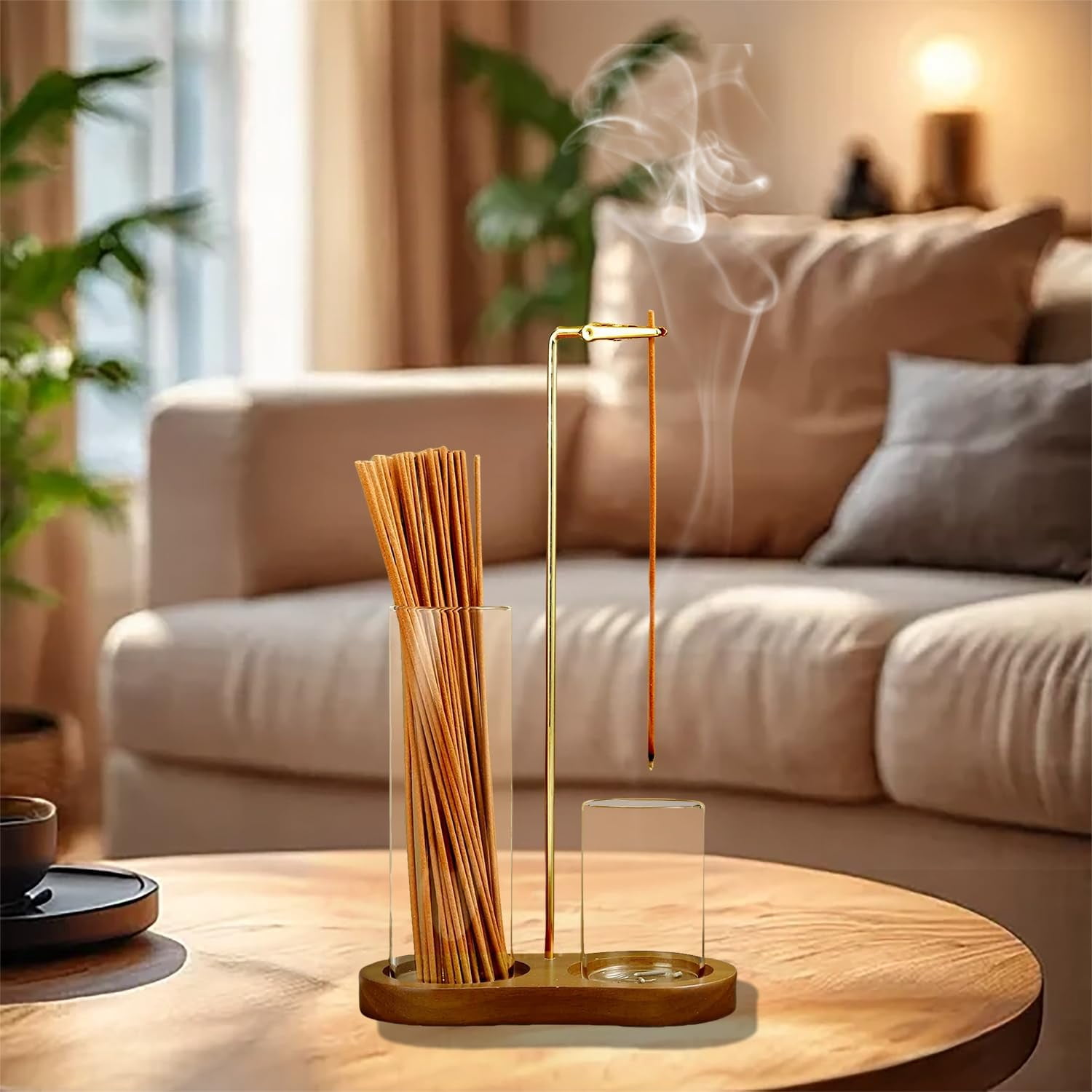 2-in-1 Incense Holder and Ash Catcher with 4.3oz Glass Jar, Dark Bamboo Base , Meditation Accessories for Yoga, Spa, Home Decor
