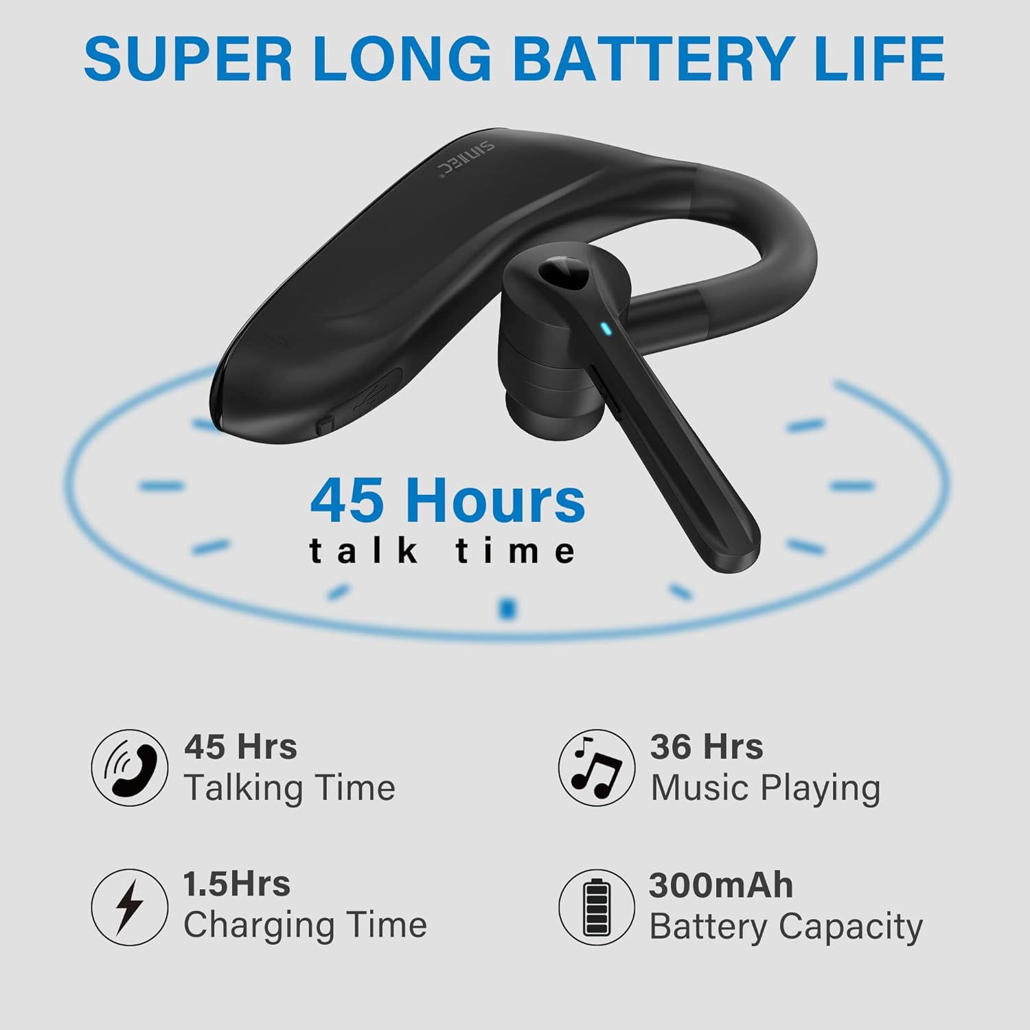 Sunitec Single-Ear Wireless Headset with Dual Microphones, Noise Cancelling, USB Dongle, 45H Talk Time, for PC/Mac