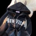 thumbnail image 3 of Cárdigan vintage con cuerno de diablo para hombre y mujer, sudadera con capucha y cremallera de moda urbana de retazos, sudadera informal holgada Y2k para parejas 2023, 3 of 5