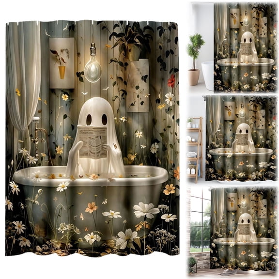 Halloween Shower Curtain 70 Inch Waterproof Bathroom Curtain Retro Halloween Ghost Curtain,Botanical Printed Polyester Bathtub Curtain for Bathroom Halloween Decor
