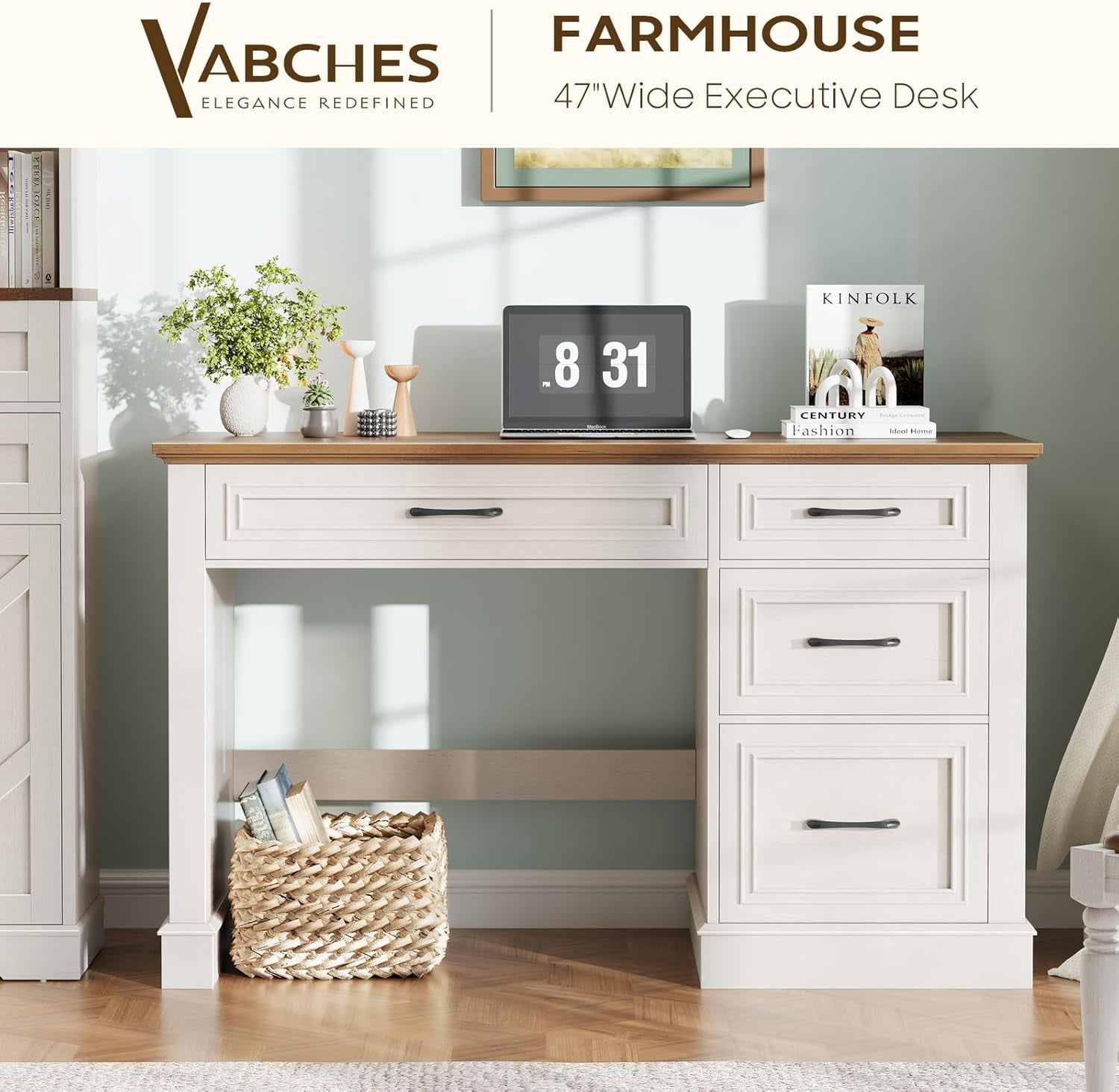 Farmhouse 47" Executive Desk with File Drawer, Computer Desk with 4 Drawers, Workstation for Study, Home Office, Writing, Unique White.