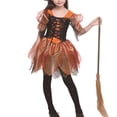 thumbnail image 4 of Virmaxy Halloween Costume Witch Dress V Neck Lace Up Corset Sheer Bell Sleeve Layered Tulle Skirt with Hat for Cosplay Party 2-13 Years, Orange, 4 of 9