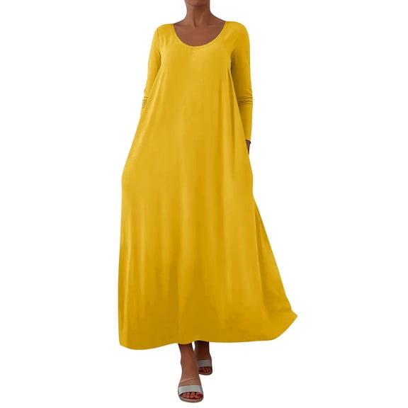 Ruimatai Women's Plus Size Casual Loose Fit Long Sleeve Round Neck Pocket Dress, Comfortable Solid Color Maxi Dress for Everyday Wear