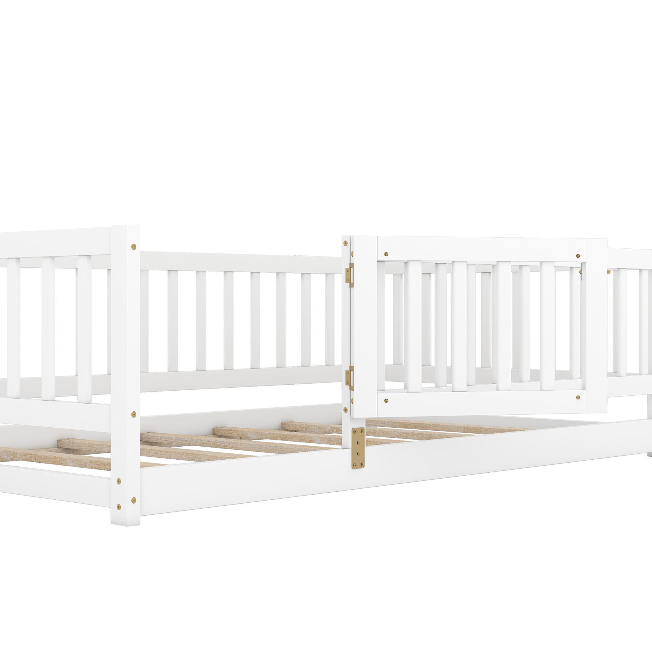 Noble House Auburn 77" Twin Montessori Floor Bed with Fence and Gate, Wood Bed Frame with Slats for Kids, White