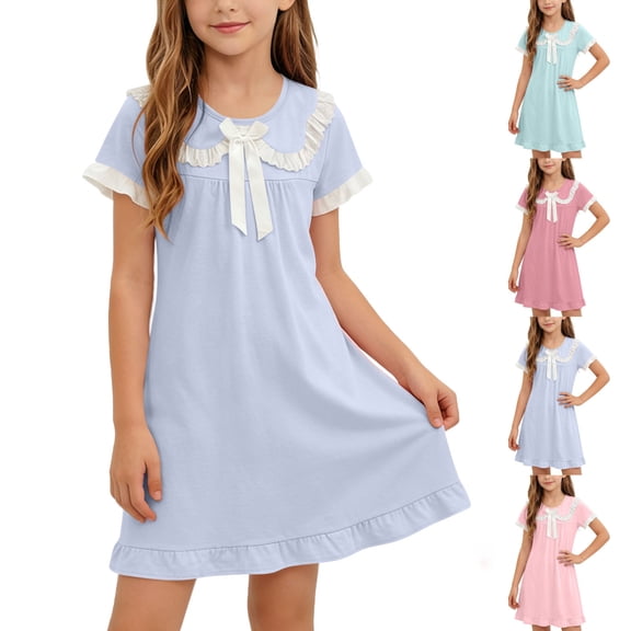 Afuyipoi ​Girls Solid Color Peter Pan Collar Dress (2-12 Years) Summer Short Sleeve Soft Cotton Feel Casual Dress for School & Play Light Blue 3T