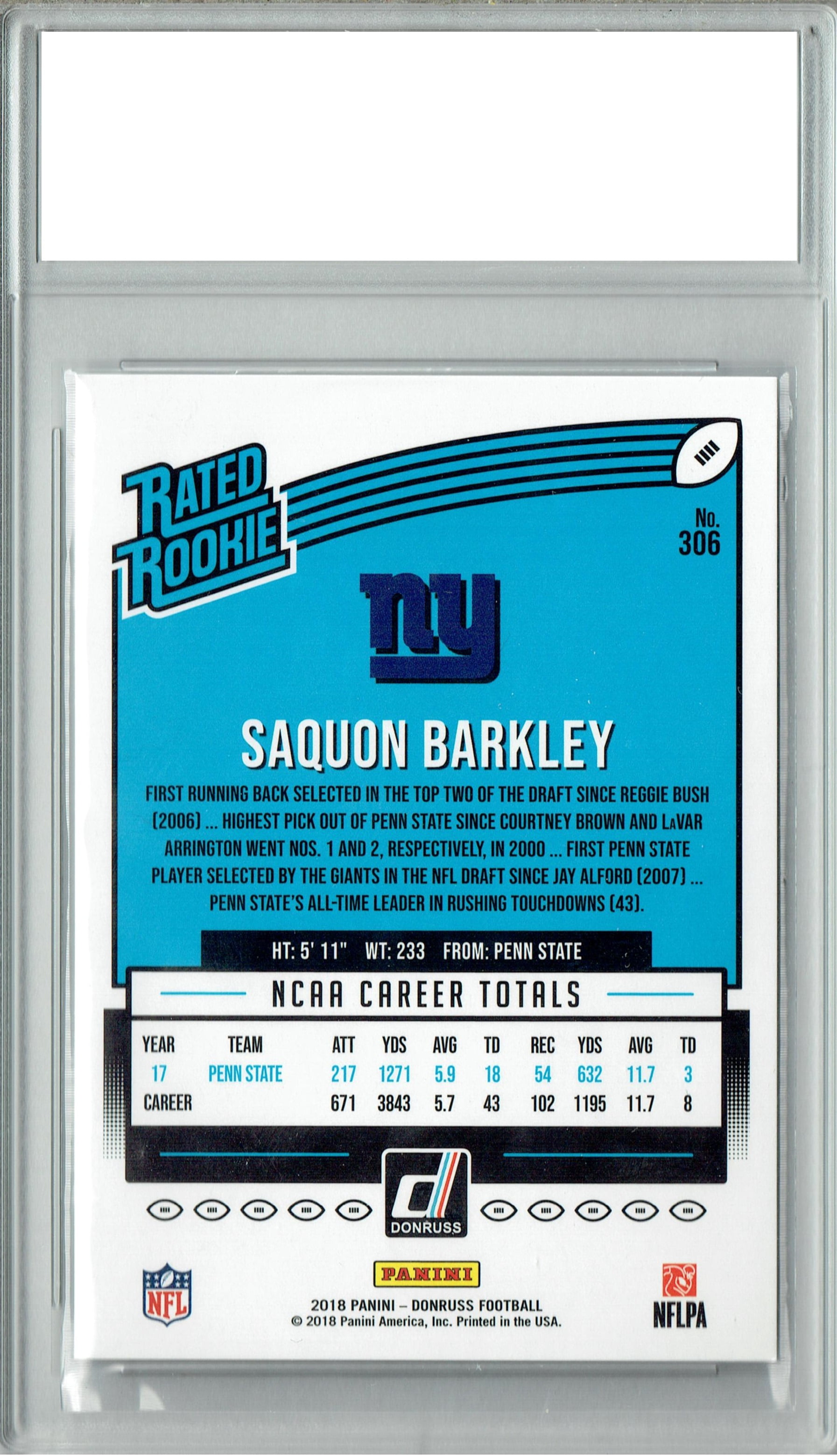 Saquon Barkley 2018 Donruss Football #306 Rated Rookie Card PGI 10