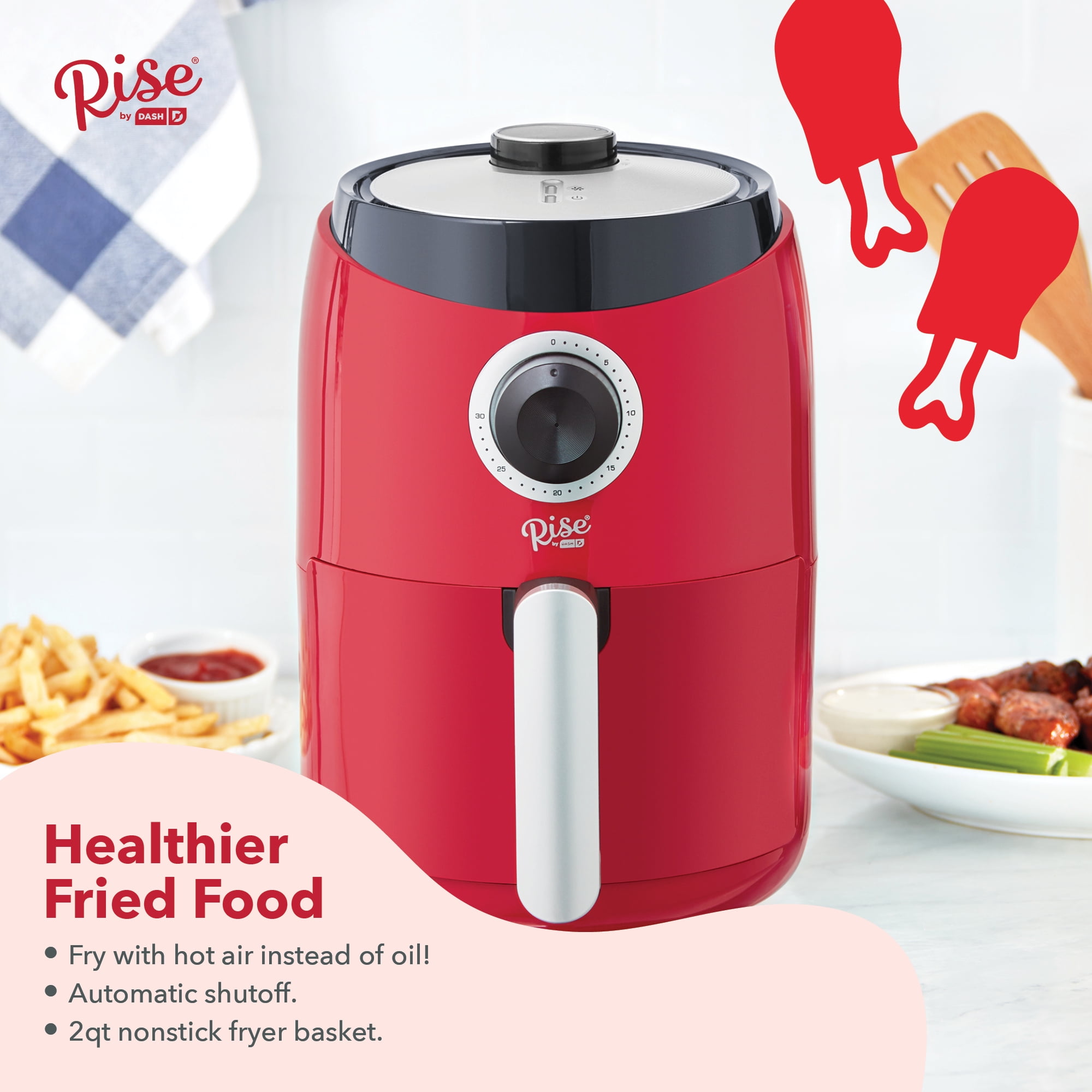 Rise by Dash Compact Air Fryer Oven with Temp Control Non-Stick Basket,  Recipes + Auto Shut off, 2 Quart - Red - New - 12 in. tall 