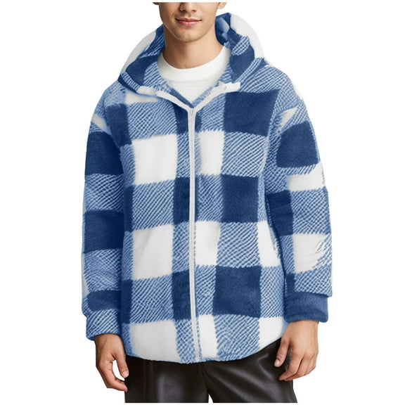 guisaled Plaid Jacket Men Hoodie Button Down Flannel Fleece Jackets Soft Warm Fuzzy Warm Winter Coats Faux Fur Sherpa Jacket