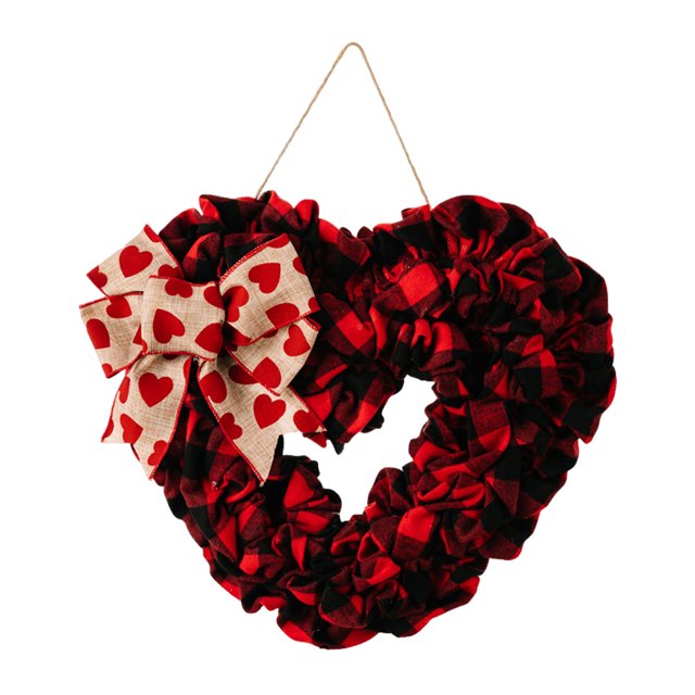 Corona de San Valentín para puerta de entrada, corona de arpillera con forma de corazón, corona de San Valentín para puerta con lazo de cuadros escoceses
