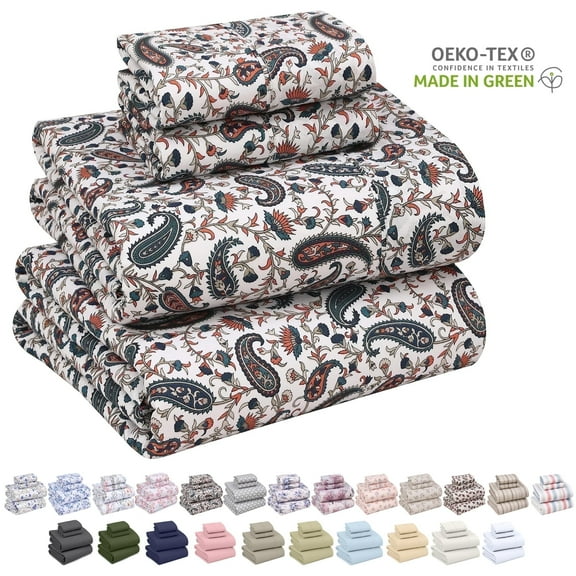 Ruvanti 100% Cotton Sheets Split King Size Bed Sheet Set–16 inches Deep Pockets Perfect Fitting-Crisp & Cool Percale sheets-Smooth & Comfortable-5 Piece Bedding and Pillowcase set, Teal Paisley