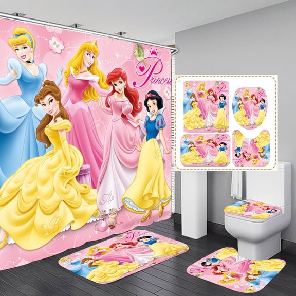 Princess Princesses Shower Curtain Bathroom 4 Pieces Set Toilet Lid Cover and Bath Mat, Non-Slip Rugs Durable and Waterproof, for Bathroom Decor Set, 72" x 72"
