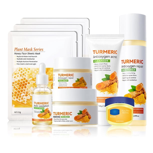 Juego de cuidado de la piel de cúrcuma, kit facial con limpiador facial, tónico, crema para ojos, suero facial, bálsamo labial de miel, loción facial y 3 máscaras de miel, kit de cuidado de la piel de