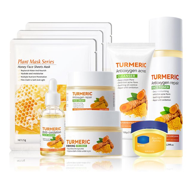 Juego de cuidado de la piel de cúrcuma, kit facial con limpiador facial, tónico, crema para ojos, suero facial, bálsamo labial de miel, loción facial y 3 máscaras de miel, kit de cuidado de la piel de