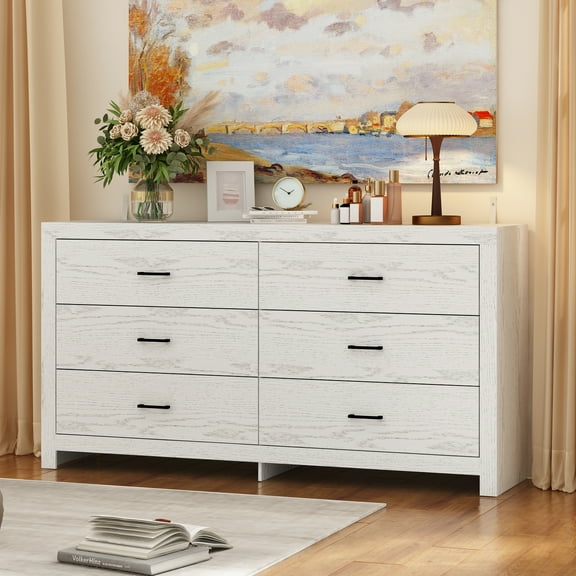 KULAGAGA 63" W Double Dresser with 6 Drawers & Black Handles, Chest of Drawers with Wood Grain, Modern Wooden Storage Tower for Bedroom Living Room, White
