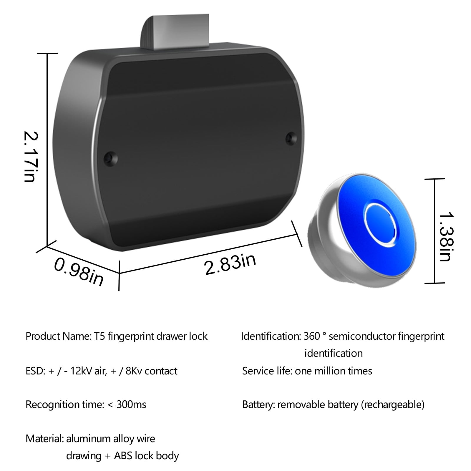 Keyless Cabinet Lock,Fingerprint Smart Biometric Lock USB Rechargeable Hidden File Cabinet Drawer Lock for Home Office