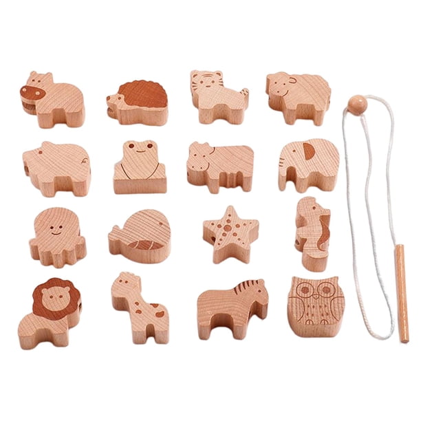 16Pcs Wooden Animal Blocks Lacing Toy Learning Activities for Toddlers Kids