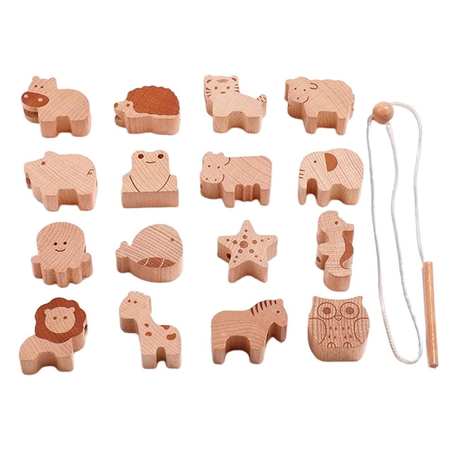 16 Pieces Wooden Animal Blocks Lacing Toy Monterssori for Preschool Children