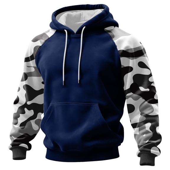 Men’s Pullover Hoodie Long Sleeve Camouflage Print Raglan Sleeve Drawstring Hooded Sweatshirt Kangaroo Pocket Casual Top Dark Blue L