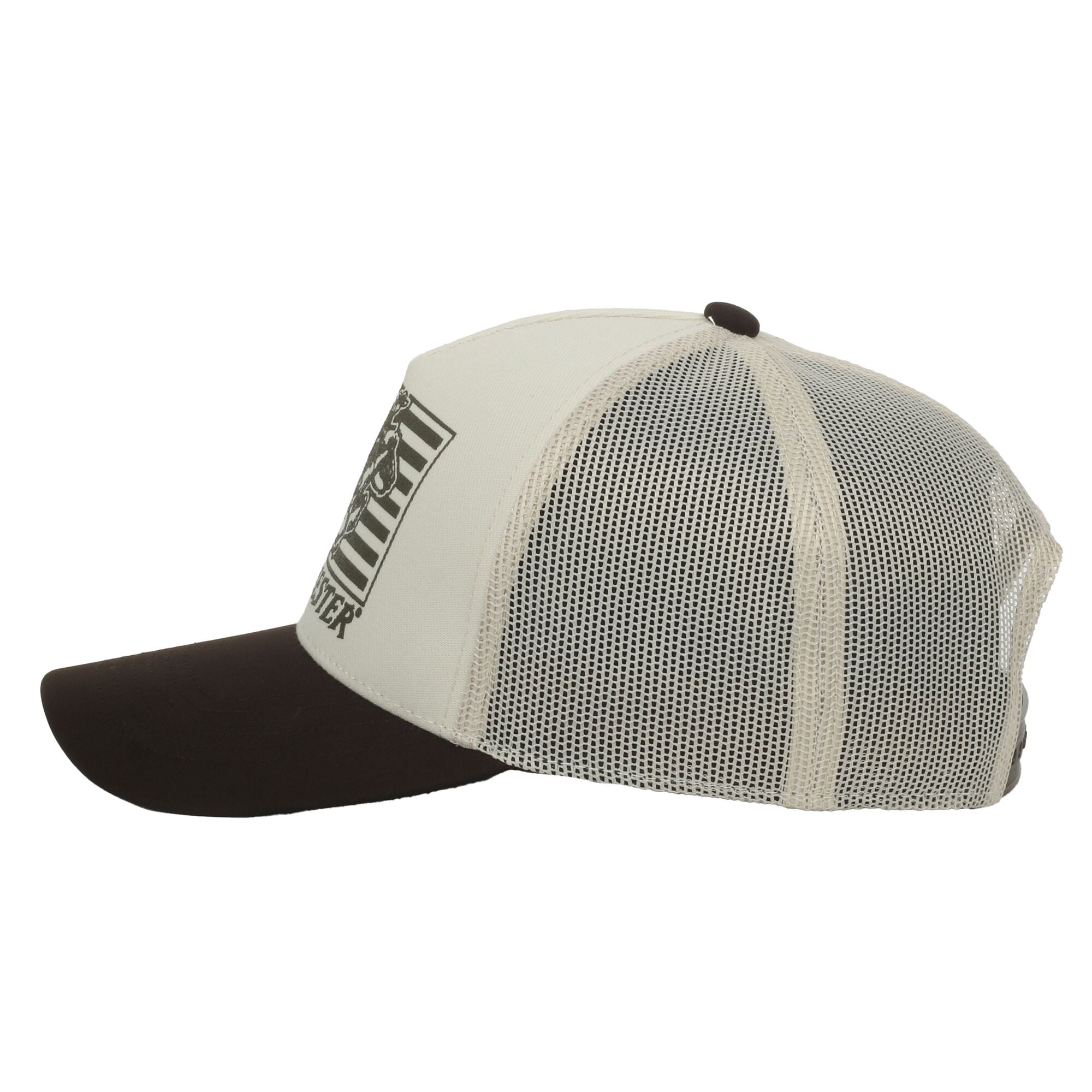 Winchester Structured 5-Panel Trucker Hat – American Flag Screen Print, Meshback Cap, Putty/Brown, One Size