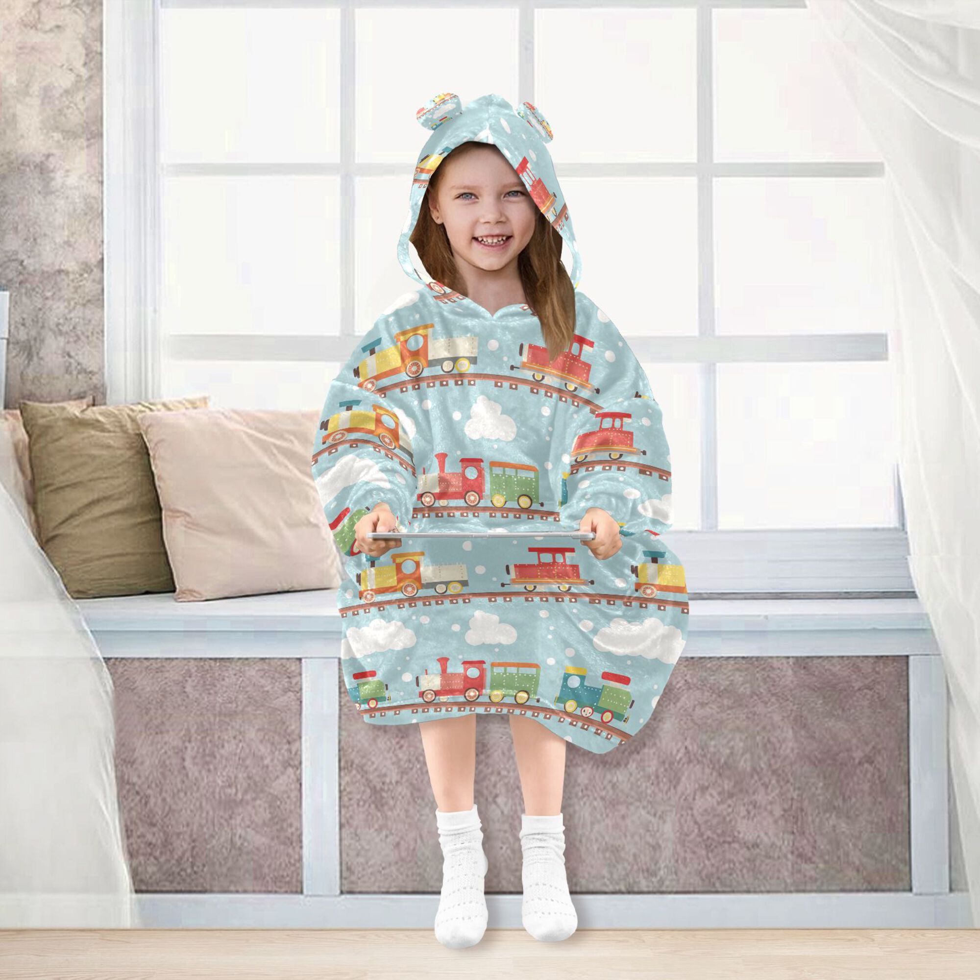FORMRS Wearable Blanket Hoodie with Sleeves for Kids Cozy Flannel Sweatshirt, Red Trains Pattern