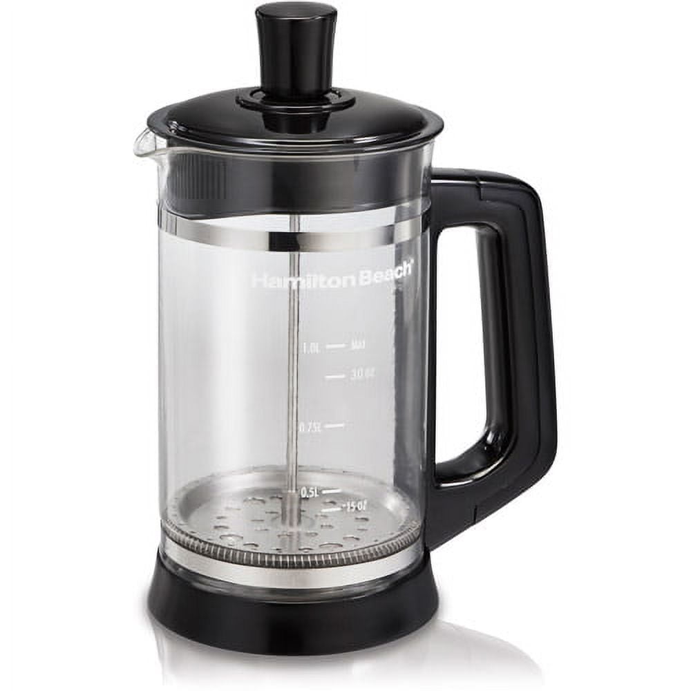 Hamilton Beach French Press with Cocoa Attachment, Glass Carafe, 1 Liter, Black, Model 40400R