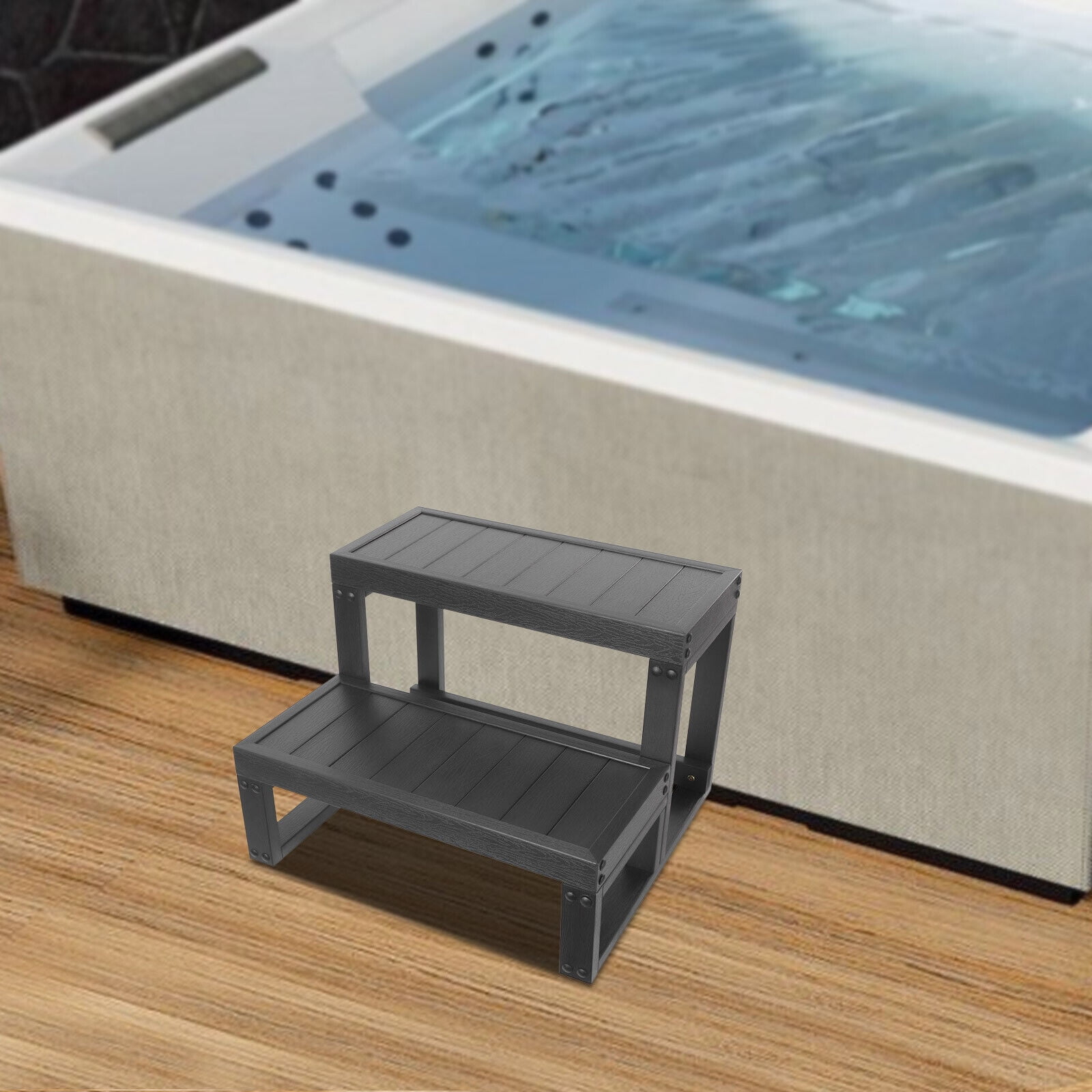 Black 2 Steps Slip-Resistant Patio Spa Hot Tub Step Stairs Portable Universal